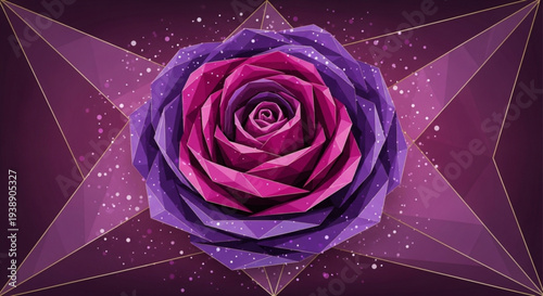 Vibrant pink and purple rose with starry background and geometric shapes symbolizing love and mysticism in a cosmic floral design