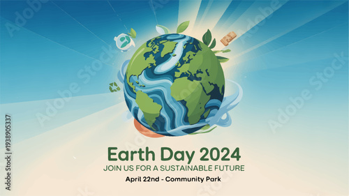 Earth day 2024 sustainable future globe with leaves and eco friendly symbols on a sunny background