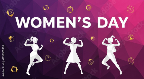 Women's day celebration with silhouettes of three dancing women on purple background