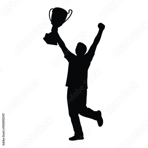 Man celebrating with a trophy in hand on a white background isolated