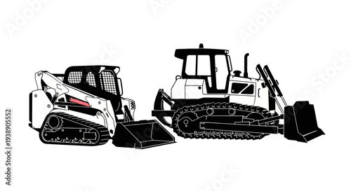 Construction equipment: skid steer loader and bulldozer, isolated on white background
