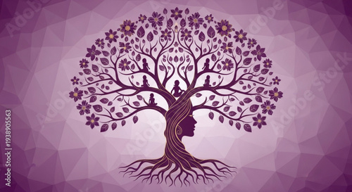 Purple silhouette tree with human face roots on geometric background symbolizing growth and harmony with nature