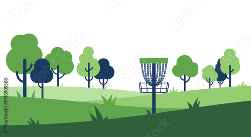 Disc Golf Basket in Green Park Landscape with Trees