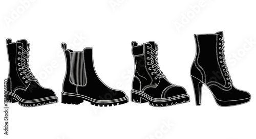Collection of Black Fashion Boots - Combat, Chelsea, and High Heel Styles