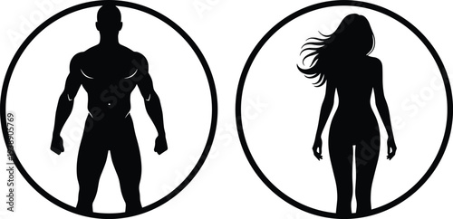 Male and female body silhouette vector illustration, circular frame, fitness design, anatomy symbol, gender representation, culture, identity, art