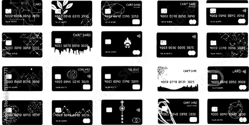 Assortment of Black Credit Cards with White Stylized Designs and Graphics on White Background