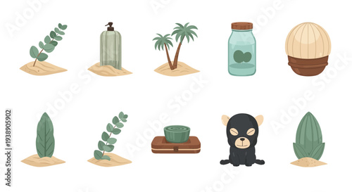 Ten small illustrated icons featuring plants toiletries and a cartoon animal on sand