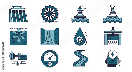 Twelve blue and teal icons illustrating various aspects of hydropower and water management systems