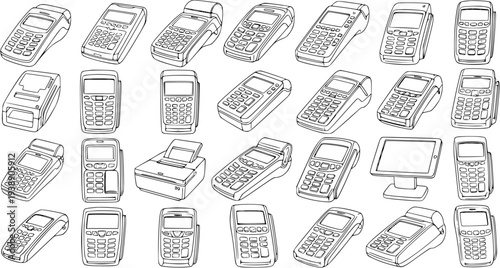 Hand-drawn collection of diverse payment terminals and point-of-sale devices, black and white line art