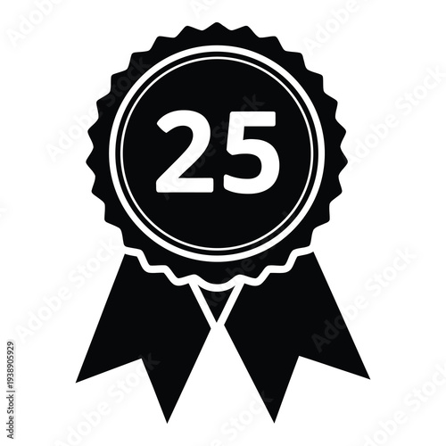 Black and white rosette ribbon badge with number twenty five isolated on white background