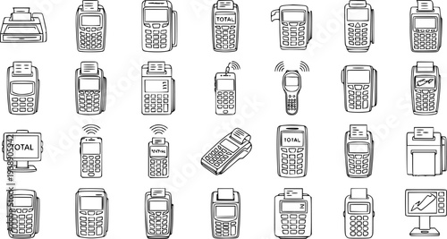 Collection of Hand-Drawn Icons Representing Various Point-of-Sale (POS) Terminals and Payment Devices