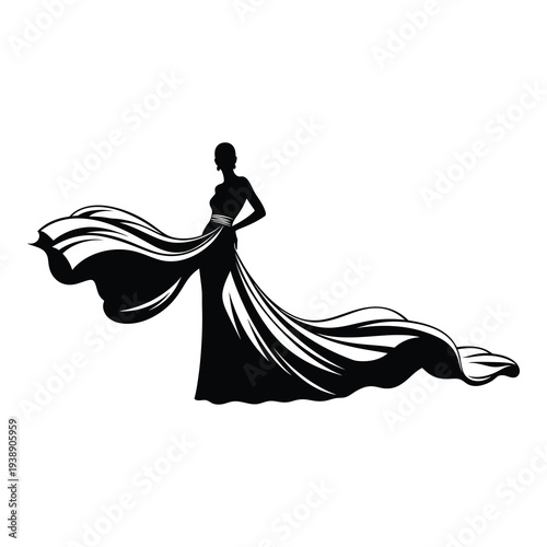 Silhouette of a woman in a flowing black evening gown on white