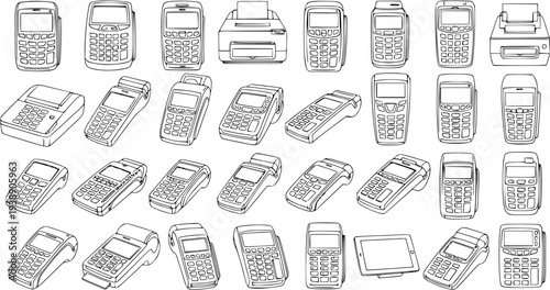 Line Art Vector Set of Payment Terminals  POS Machines. Collection of various handheld, desktop, and portable electronic devices for card payments and financial transactions.