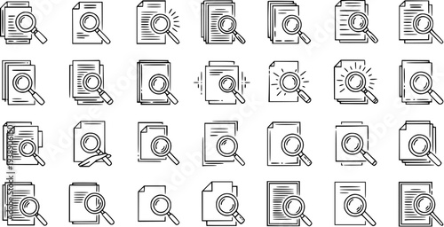 Collection of Magnifying Glass Icons Over Documents, Representing Search, Analysis, and Research