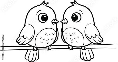 Colour book illustration of two cute birds sitting on a wire