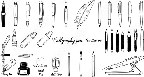 Collection of Hand-Drawn Pens, Pencils, and Calligraphy Tools - Vector Illustration