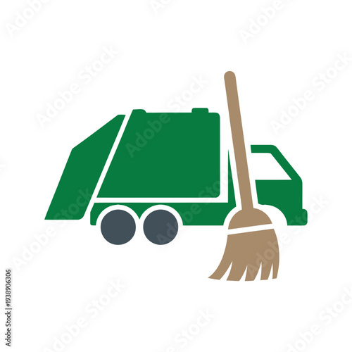 Green Garbage Truck and Broom Illustration.