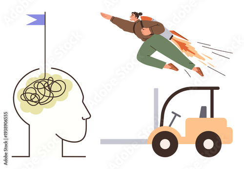 Innovation, problem-solving, ambition, mental clarity, productivity, goal-setting. Brain with tangled thoughts, person with rocket jetpack forklift. Innovation and problem-solving concept