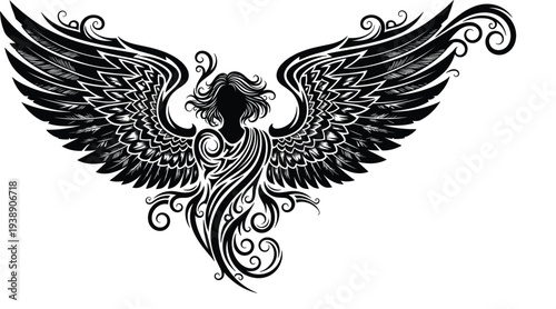 Ornamental angel wings silhouette, decorative mystical winged figure fantasy spiritual symbol elegant tattoo style flat vector illustration design