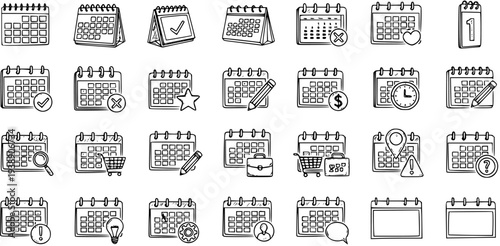 Hand-drawn calendar icons with various symbols for dates and events
