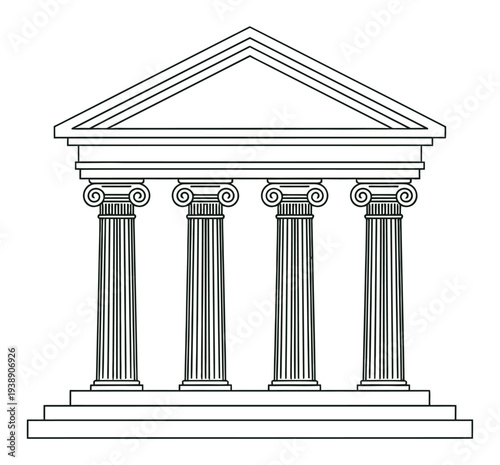 Line art illustration of a classical Greek or Roman temple facade with four Ionic columns and a triangular pediment.
