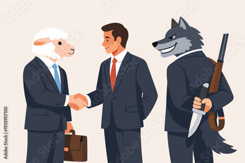 Business Fraud and Deception Concept with a Wolf in a Suit Hiding a Knife and Rifle Behind His Back while an Innocent Sheep Shakes Hands with a Partner in a Dishonest Corporate Deal Metaphor.