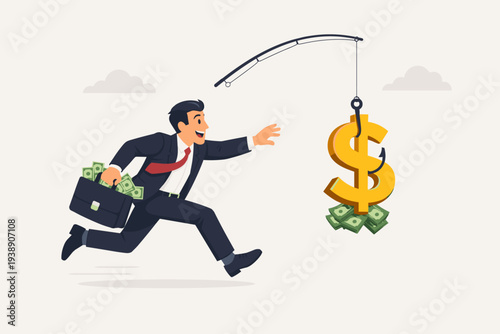 Businessman running to catch a golden dollar sign bait on a fishing hook, concept of financial fraud, illegal investment scam, Ponzi scheme, greed and stealing money from people, vector art.