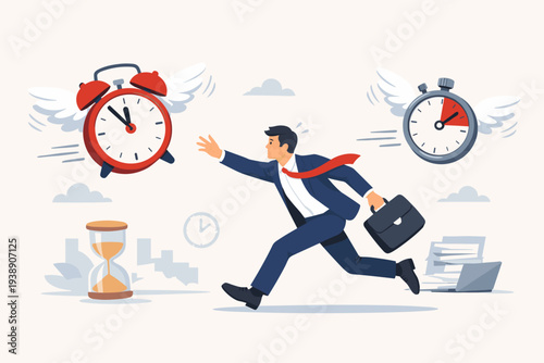 Businessman in Suit Running After Flying Alarm Clock and Stopwatch, Concept of Time Management, Deadline Pressure, Lack of Time, Work Productivity, Stressful Office Life, Vector Illustration Art