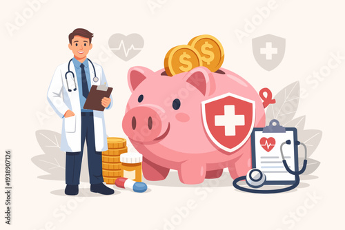 Health Savings Account HSA Concept with Doctor, Piggy Bank, and Medical Icons. Financial Planning for Medical Expenses, Healthcare Costs, Insurance Benefits, and Medicare Savings Illustration.