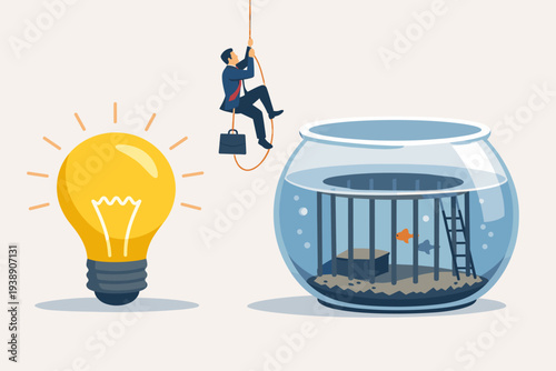 Businessman climbing rope to reach creative solution, glowing lightbulb representing innovation and bright idea to solve complex business problem, fish trapped in cage inside fishbowl concept.