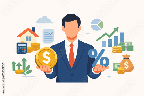 Businessman managing financial portfolio with interest rate percentage and dollar coin, representing mortgage lending, loan calculation, investment growth, banking credit, and wealth management