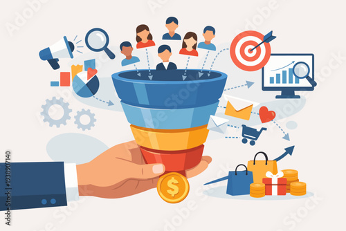 Lead Generation and Sales Marketing Funnel Concept Illustration with Hand Holding Funnel, Customer Acquisition, Conversion Rate Optimization, Digital Advertising, and E-commerce Growth Strategy
