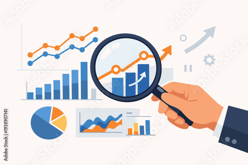 Professional hand holding magnifying glass analyzing financial investment graphs and chart diagrams for business research, market statistics, oversight, data insights, and economic growth.