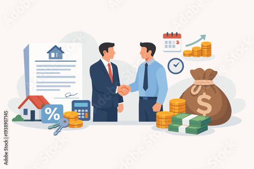 Businessmen shaking hands for a mortgage loan agreement. Financial concept with house, money bag, cash, interest rate, and calculator icons representing banking, debt, and investment deals.