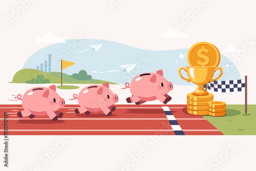 Piggy Banks Racing on a Track Towards a Gold Trophy and Coins. Concept of Mutual Funds, Stock Investment Performance, Savings Goals, Financial Competition, Wealth Management, and Business Profit.