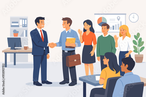 Professional business onboarding illustration showing a manager shaking hands with a new employee in a modern office. Team members welcoming a new hire during orientation and training session.
