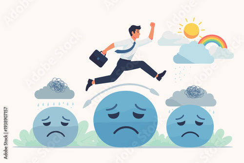 Businessman jumping over sad faces and rain clouds towards a sunny sky with a rainbow, representing overcoming stress, anxiety, depression, and mental health challenges for career success.