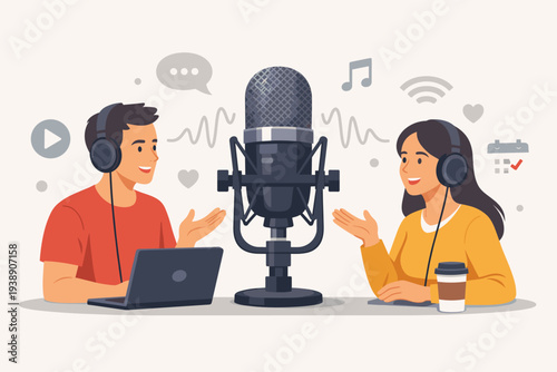 Man and Woman Recording Podcast in Studio with Professional Microphone, Headphones, and Laptop. Vector Illustration of Digital Audio Broadcasting, Streaming, and Online Radio Talk Show Concept.