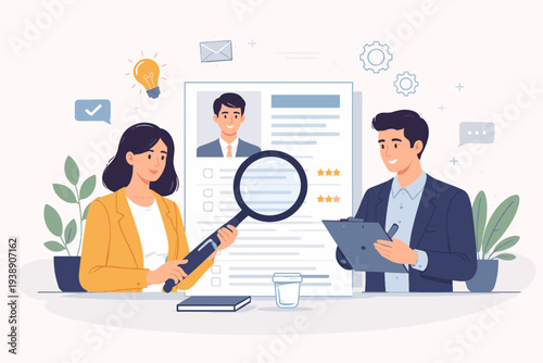 Professional HR Team Reviewing Candidate Resume and CV for Job Hiring Process. Recruitment Specialists Analyzing Applicant Profile with Magnifying Glass and Clipboard for Talent Acquisition.