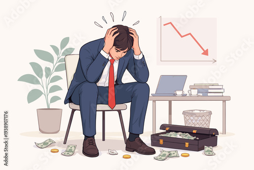 Depressed Businessman in Suit Sitting with Head in Hands Feeling Regret After Financial Loss, Stock Market Crash Graph and Scattered Money, Bankruptcy and Economic Failure Vector Illustration