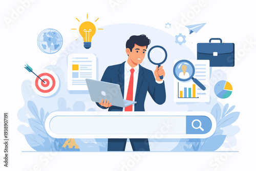 Businessman with laptop and magnifying glass searching for career opportunities or market data. Concept of recruitment, professional research, information discovery, and business growth strategy