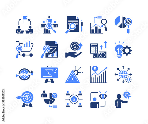 Competitive Insight Icon Collection,  featuring Competitor, Competitive Analysis, Research, Analysis, Market Share, Sales Analytics, Sales Report, Revenue, Profit, Innovation, Disruption, Strategy.