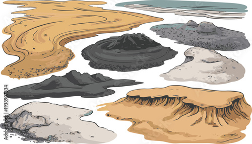 Different types of sand and rock formations from beach and desert