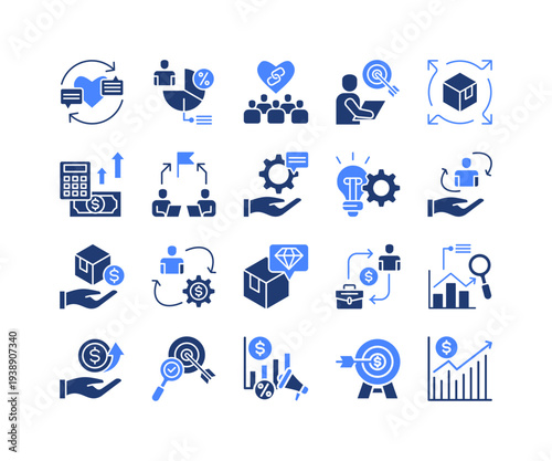 Marketing Strategy Icon Collection,  featuring Demographic, Public Relation, Target, Distribution, Niche Market, Promotion, Target, Growth.