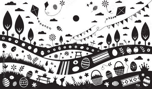 Easter egg hunt silhouette scene with bunnies, baskets, and trees