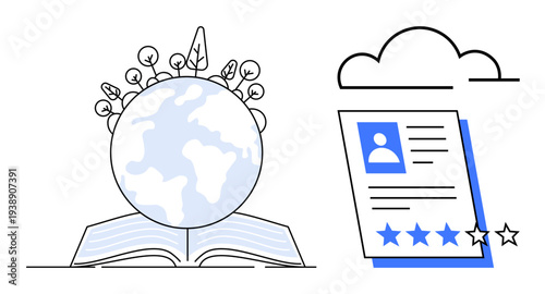 Earth surrounded by plants resting on an open book next to a document with a profile and star rating. Ideal for education, ecology, knowledge, sustainability, career success, learning, global