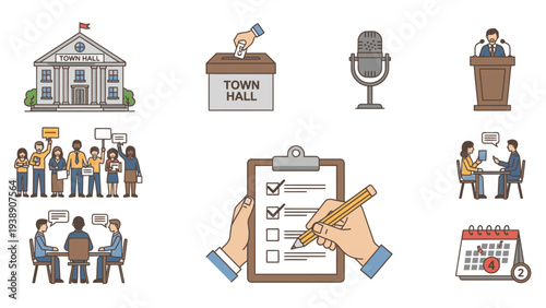 Flat lay illustration of various town hall meeting icons and graphics on a white background.