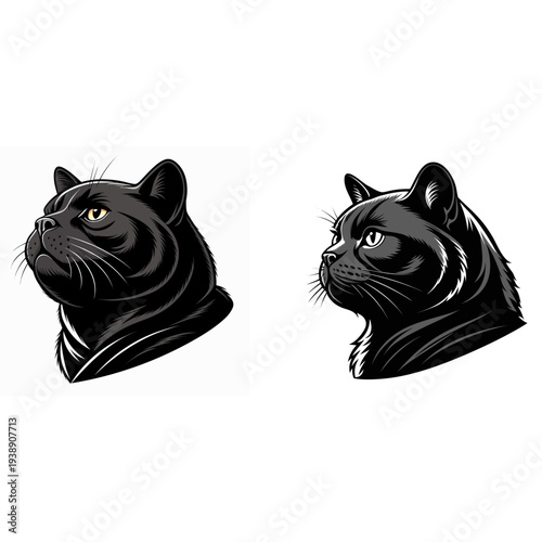 british shorthair cat silhouette vector, minimalist round doll face kitty, plush coat feline icon, flat expression domestic cat logo