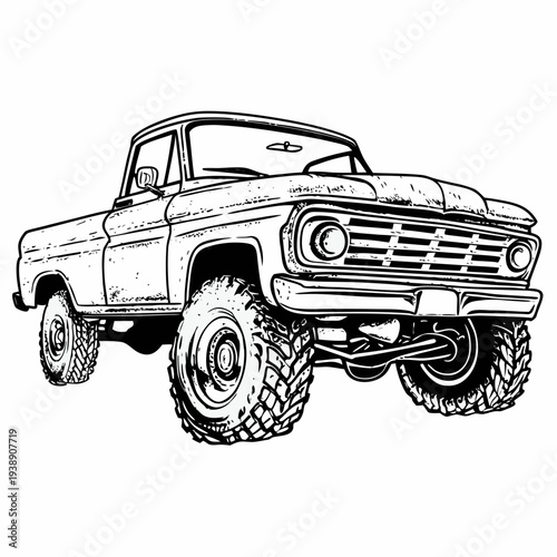 Vintage Off-Road Pickup Truck Vector - Retro 4x4 Lifted Truck Illustration