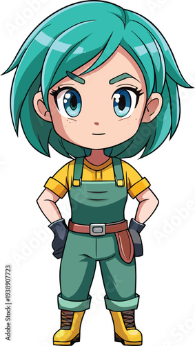 Cute anime girl in overalls vector illustration flat design